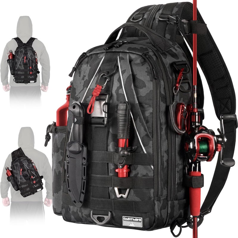 Ghosthorn Fishing Backpack Tackle Sling Bag-Backpack with Rod Holder- Lightweight Tackle Box Fly Fishing Gifts for Men Women (I.Large Black Camouflage) - Image 1